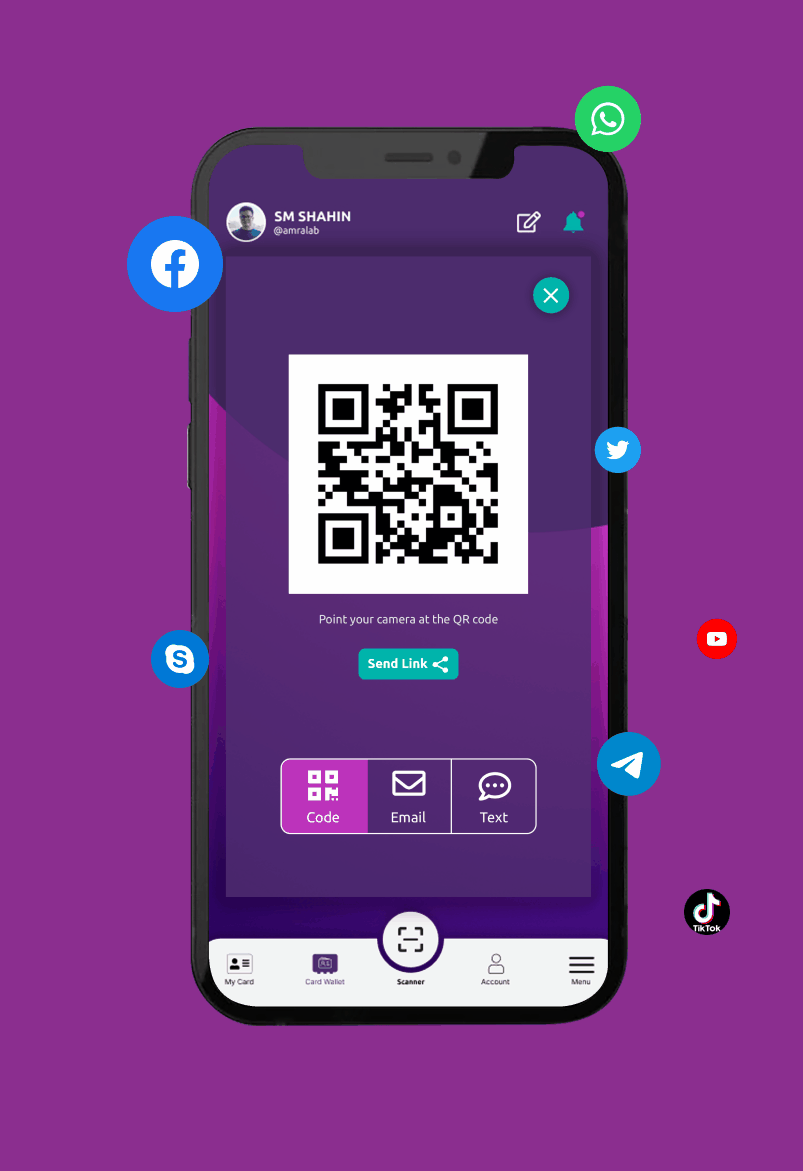 Business card QR code and social media icon including facebook, twitter, youtube, tiktok,pinterest.